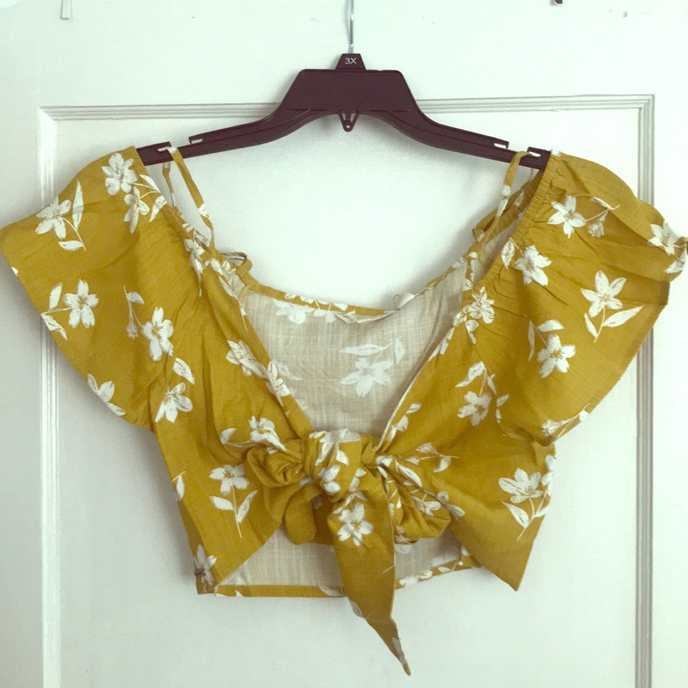 Mustard Yellow Floral Print Tie-Front Crop Top